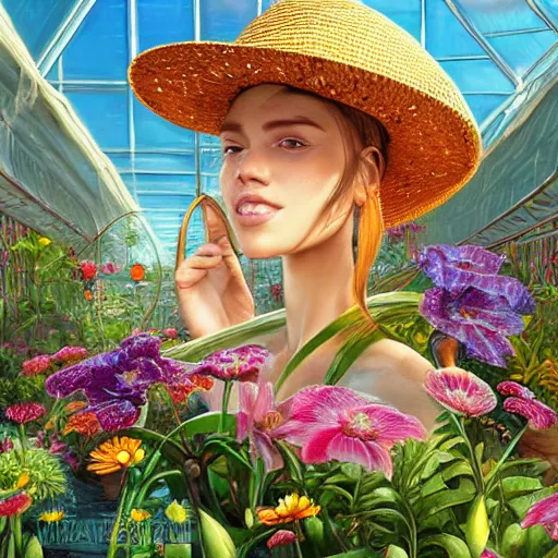 Image similar to slightly rusty nonhuman robot gardener in a straw hat, waters flowers, highly detailed, texture, background greenhouse, mild dreamy professional lighting, digital art, smooth, sharp focus, illustration, wide angle shot, full body visible, art by artgerm, by rutkowsky, from Treasure Planet,