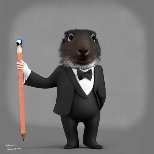 Image similar to a cute marmot in a tuxedo while holding a pencil, digital art, 3 d artistic render, octane, blender, cartoon, shadows, lighting