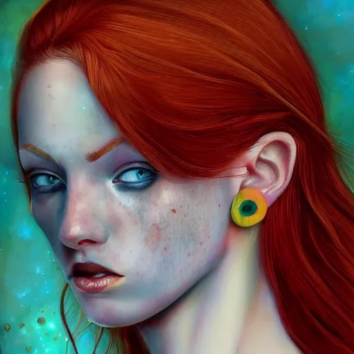 Image similar to a red haired, beautiful woman with blue / green eyes, some freckles, pale skin deep focus, elegant, digital painting, smooth, sharp focus, golden ratio, illustration, ultra realistic, 8 k, art by jasmine becket griffith