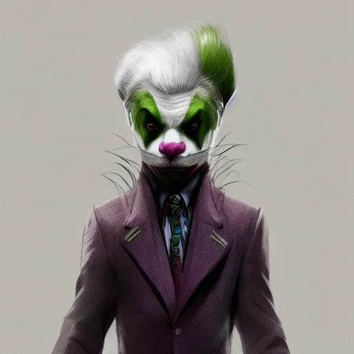 Prompt: A ferret is dressed up as the Joker from The Dark Knight, hyperdetailed, artstation, cgsociety, 8k