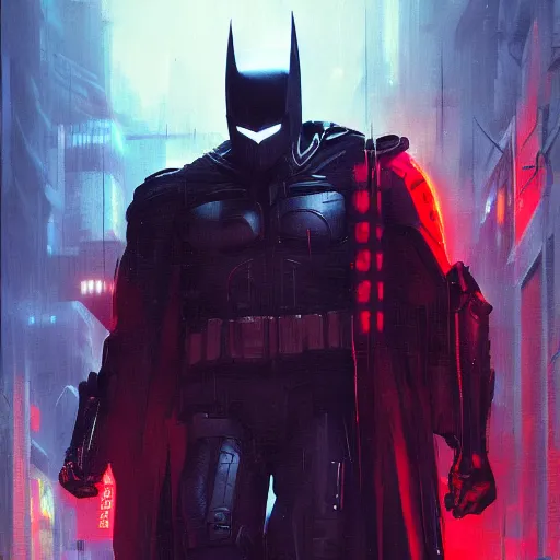 Prompt: cyberpunk batman with red logo, moody, futuristic, city background, brush strokes, oil painting, greg rutkowski