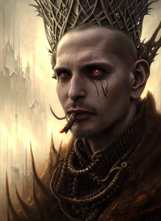 Prompt: closeup portrait shot of a vampire king in a scenic dystopian environment, intricate, elegant, highly detailed, centered, digital painting, artstation, concept art, smooth, sharp focus, illustration, artgerm, tomasz alen kopera, peter mohrbacher, donato giancola, joseph christian leyendecker, wlop, boris vallejo