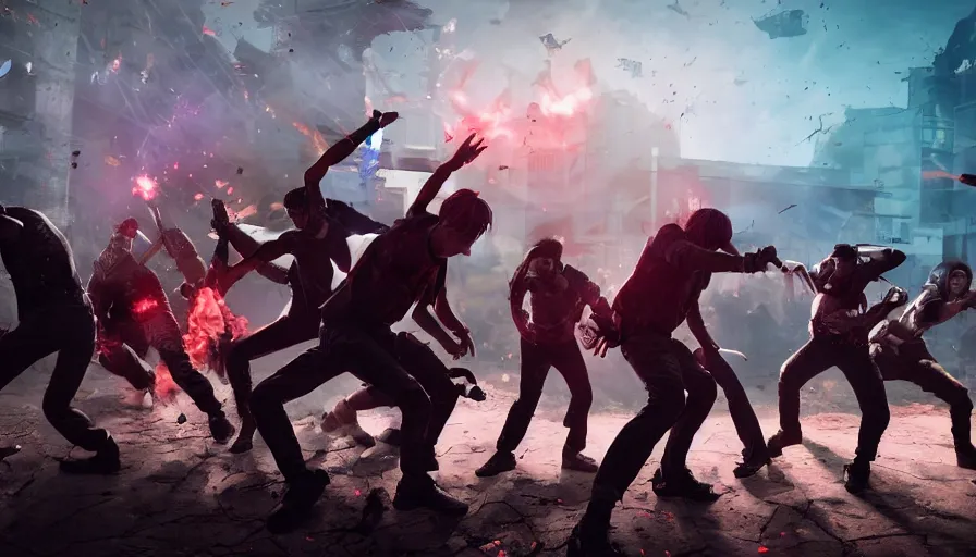 Image similar to full - body action shot of bts as heroes fight a horde of zombies, in the style of k - pop, epic, cinematic, volumetric lighting, symmetry, octane render, artstation, highly - detailed, unreal 5, realism,