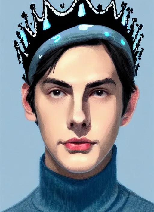 Image similar to portrait of teenage jughead jones wearing a light grey crown, crown, blue turtleneck, 1 9 5 0 s, closed eyes, photorealistic, black hair, glowing lighting, intricate, elegant, glowing lights, highly detailed, digital painting, artstation, concept art, smooth, sharp focus, illustration, art by wlop, mars ravelo and greg rutkowski