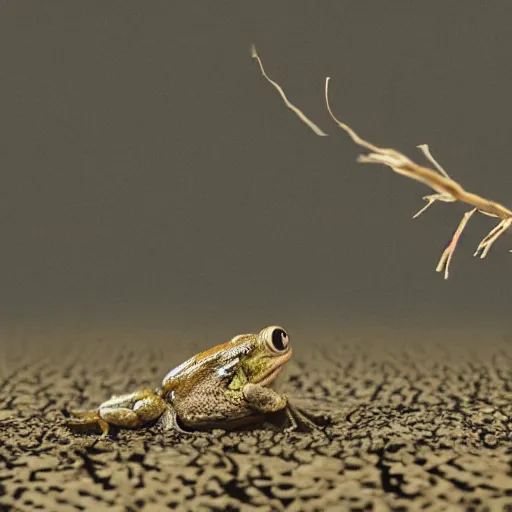 Image similar to samurai frog, low angle, tatsuyuki tanaka, detailed watercolor, back lit, paper texture, movie scene, spot light, texture, brown cobble stones, dust, overhead wires, telephone pole, dusty, dry, pencil marks, hd, 4k, remaster, dynamic camera angle, deep 3 point perspective, fish eye, dynamic scene