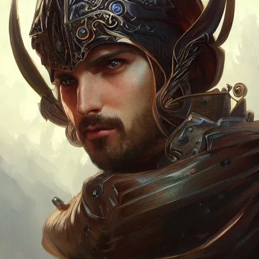 Image similar to portrait of a male knight, D&D, fantasy, intricate, elegant, highly detailed, digital painting, artstation, concept art, smooth, sharp focus, illustration, art by artgerm and greg rutkowski and alphonse mucha