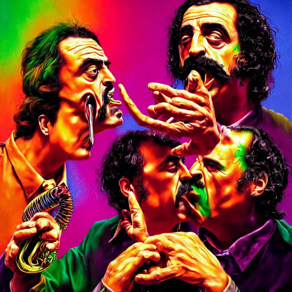 Image similar to bright psychedelic mike patton eating frank zappa who is puking hitler, diffuse lighting, fantasy, intricate, elegant, highly detailed, lifelike, photorealistic, digital painting, artstation, illustration, concept art, smooth, sharp focus, art by francis bacon