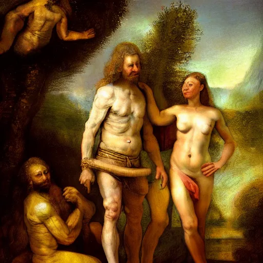 Prompt: adam and eve at paradise as a rembrandt paint, forbidden tree, art concept, artstation,