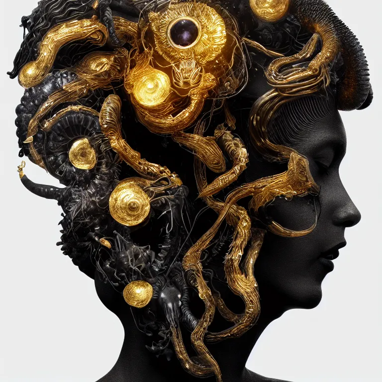 Image similar to black background. absolutely symmetrical sculpture. centered. goddess princess face close-up portrait ram skull. sculpture made of gold and black charcoal. jellyfish phoenix head, nautilus, orchid, skull, betta fish, bioluminiscent creatures, intricate artwork by Tooth Wu and wlop and beeple. octane render, trending on artstation, greg rutkowski very coherent symmetrical artwork. cinematic, hyper realism, high detail, octane render, 8k