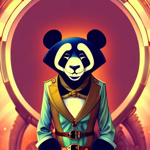 Image similar to don bluth, loish, artgerm, joshua middleton, steampunk, clockpunk anthropomorphic panda, full sailor suit, symmetrical eyes symmetrical face, colorful animation forest background