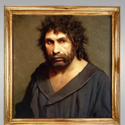 Prompt: portrait of a neanderthal man in 1 9 th century french clothing, in the style of bouguereau, alexandre cabanel, oil on canvas, 1 8 8 0