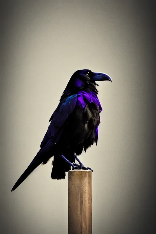 Image similar to beautiful raven standing in a shadow of the soft deep purple light of lantern, mystery, mysterious, soft dark muted colors, simple shapes, golden ratio, perfect composition, dramatic, medium close - up ( mcu ), cannon ef, 5 0 mm, f / 2. 8