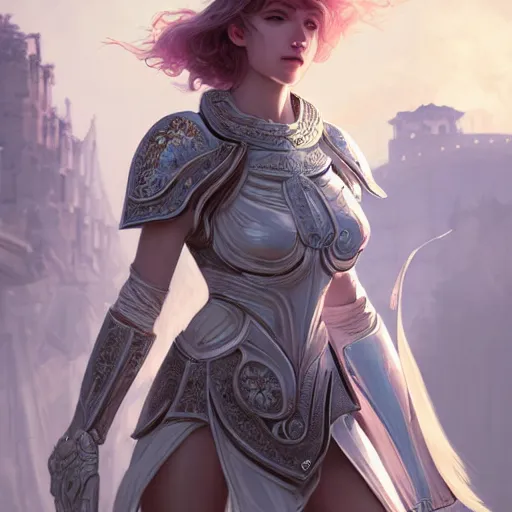 Image similar to portrait young knights of Zodiac girl, matt white color armor, in ruined Agora of Athens Sunrise, ssci-fi and fantasy, intricate and very beautiful and elegant, highly detailed, digital painting, artstation, concept art, smooth and sharp focus, illustration, art by tian zi and WLOP and alphonse mucha