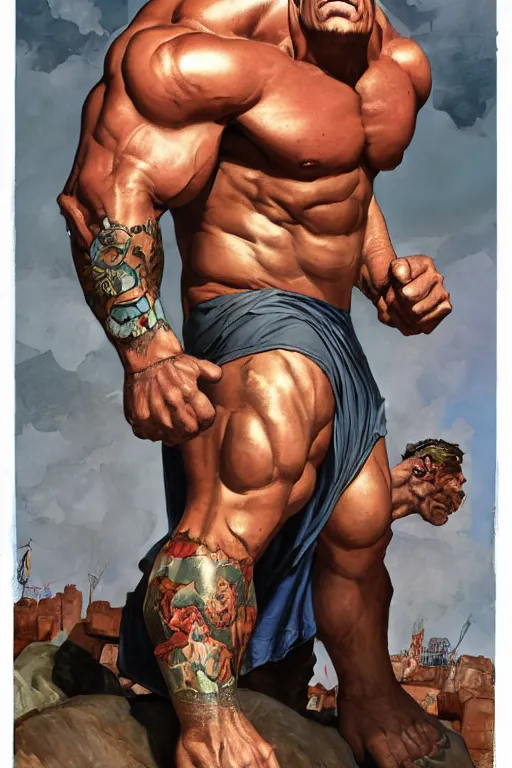 Prompt: upper body and head portrait of huge hulking absurdly muscular martyn ford as marvel character wearing shirt and pants against simple background by alex ross and jack kirby and sergey kolesov and jason fabok and lawrence alma tadema and norman rockwell and greg staples and rick berry and jeremy mann