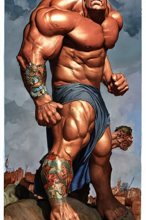 Image similar to upper body and head portrait of huge hulking absurdly muscular martyn ford as marvel character wearing shirt and pants against simple background by alex ross and jack kirby and sergey kolesov and jason fabok and lawrence alma tadema and norman rockwell and greg staples and rick berry and jeremy mann