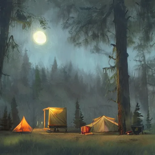 Prompt: a eerie campground surrounded by ghosts, craig mullins