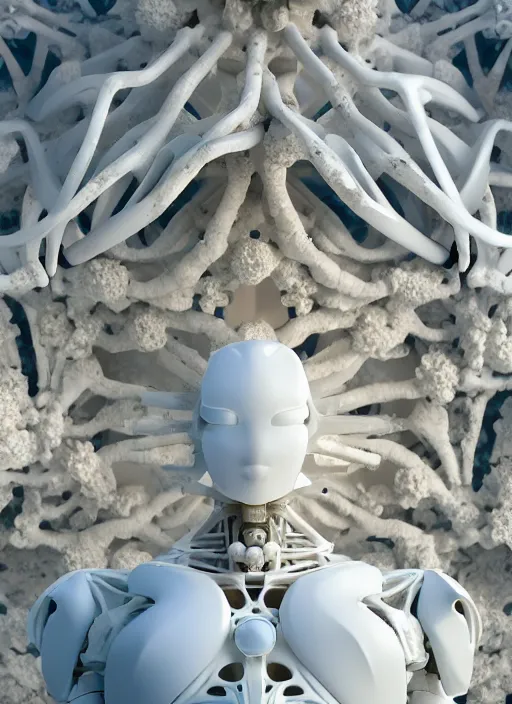 Image similar to biomechanical white yoga room made of corals, daisies, roses, well contoured smooth fair walls with marble statue, up close shot, sharp focus, global illumination, radiant light, alexandre ferra white mecha, irakli nadar, octane highly render, 4 k, ultra hd,