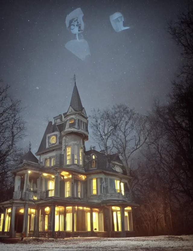 Image similar to a wide angle low photo of a ghostly victorian mansion at night list by spectral glowing orbs in the style of casey weldon
