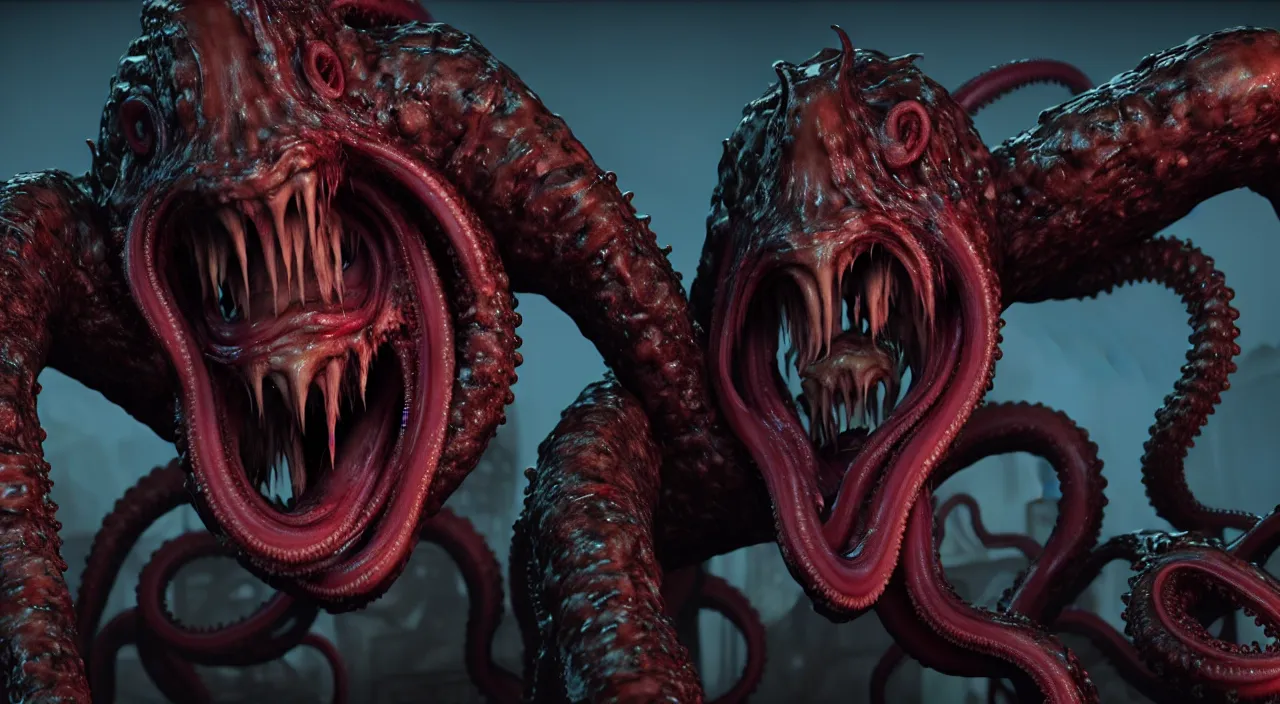 Image similar to gary busey as a monster with tentacles, horror video game, sci fi horror, alien ( 1 9 7 9 ), body horror, unreal engine, octane render, depth of field, cycles render, hd