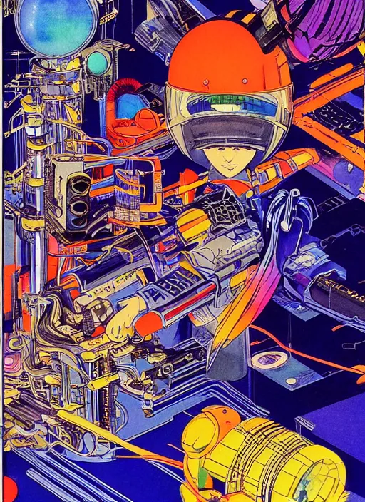 Prompt: vintage anime 70s comic watercolor, retro futurism motherboard design extreme close-up by Jean Giraud, 70s illustration by Mike Hinge, by Syd Mead