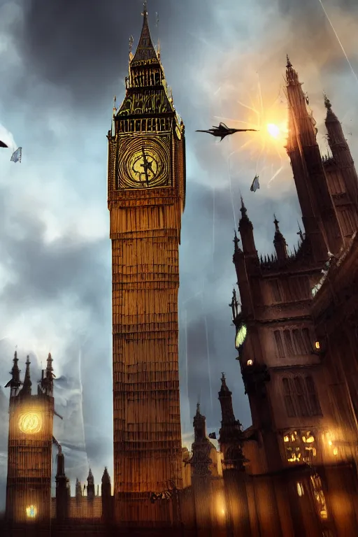 Image similar to photography of a highly detailed ghost pirate ship flying in the sky. big ben, london background. intricate, hyper realism, professional digital art, unreal engine 5, 8 k render, sharp focus, trending on art station.