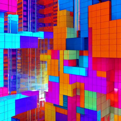 Image similar to a beautiful amazing art of a colorful cityscape resembling pixels reflected in a cube by tom haugomat, serena malyon, maxim shirkov, alex pogrebniak and robin gundersen, trending on artstation, featured on behance.