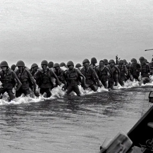 Prompt: Pewdiepie storming the beaches of Normandy, 1945, Colourized