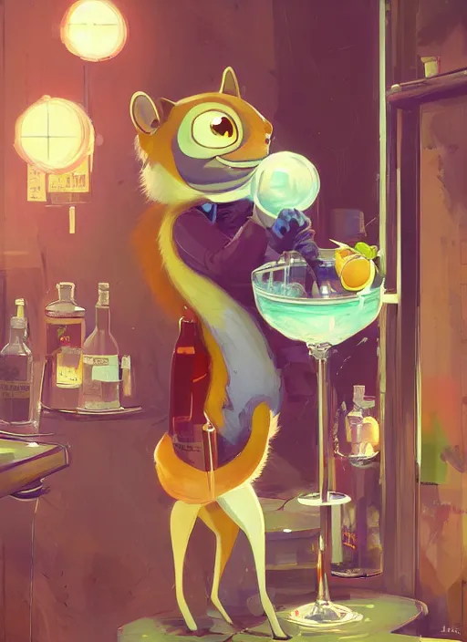 Prompt: squirrel anthro as a dapper bartender with a big, fluffy tail, retro futurism, art deco, detailed, painterly digital art by WLOP and Cory Loftis and Ismail Inceoglu, 🐿🍸🍋, furaffinity, trending on artstation