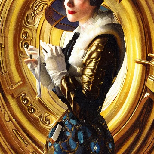 Prompt: closeup painting of uncannily beautiful aristocrat wearing minimalist rococo latex inside bronze byzantine arcology, science fiction by j. c. leyendecker and fritz lang and rembrandt and greg rutkowski and stefan prohaczka