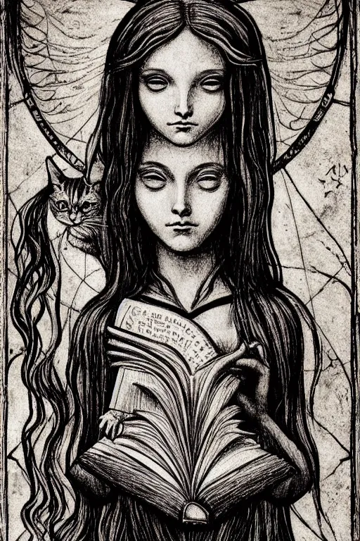 Image similar to da vinci illustration of romantic girl, her cat and her book of necronomicon, symmetrical, cinematic, sharp focus, 4 k, ultra hd, sense of awe, sinister demonic atmosphere, dreadful, forbidden knowledge, old gods, cthulhu, yog - sothoth! yah, yah, yah! cultist journal cover