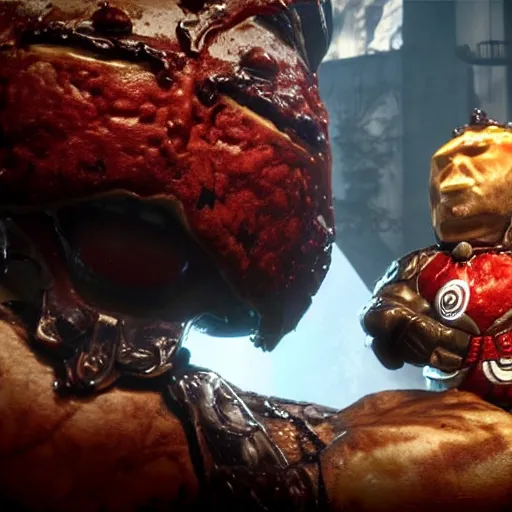 Image similar to burger king kurger bing creepy king mascot in gears of war, cinematic shot