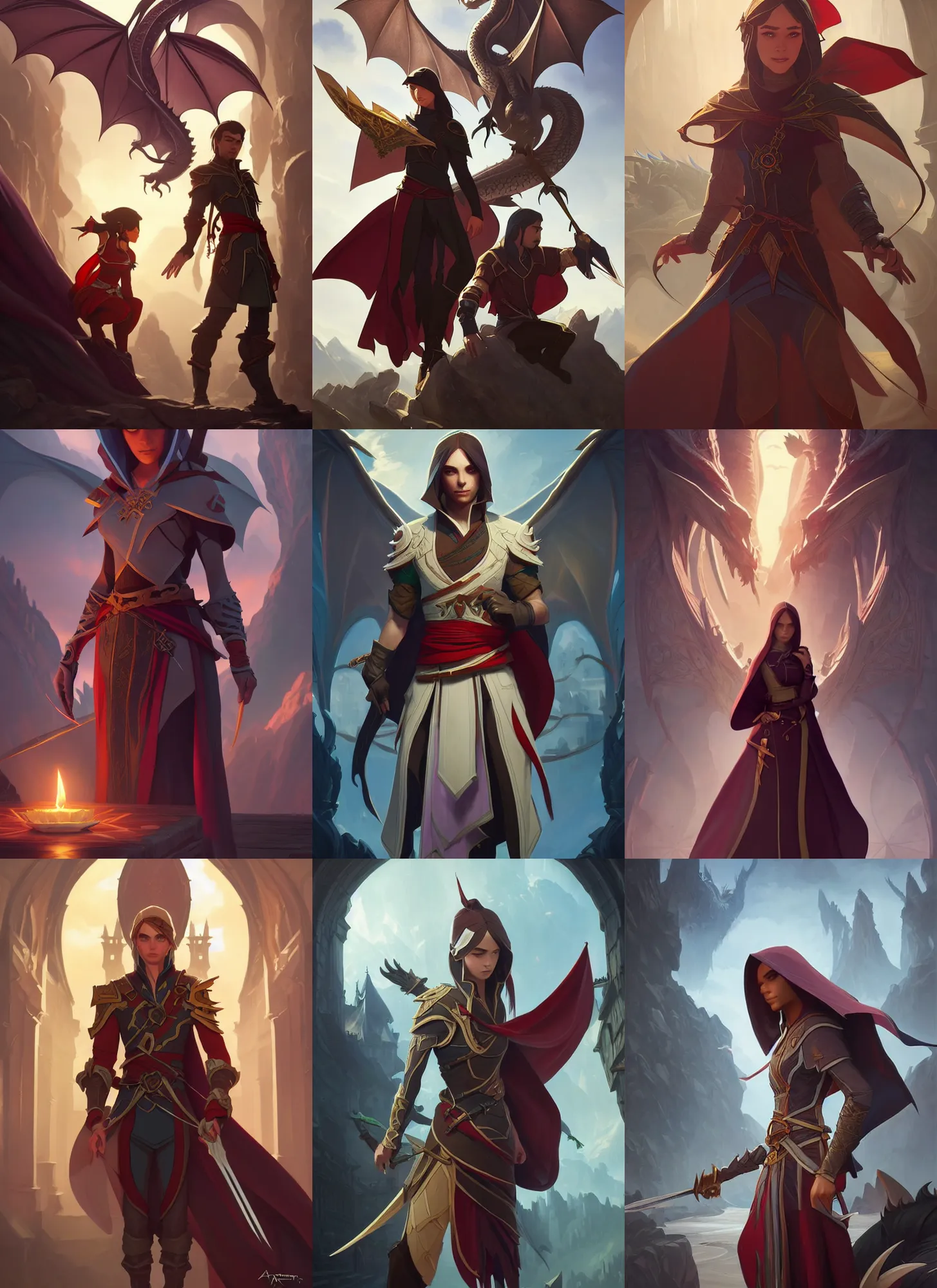 Prompt: characters from the dragon prince combined with characters from assassin's creed, fantasy, intricate, elegant, highly detailed, digital painting, artstation, concept art, matte, sharp focus, illustration, hearthstone, art by artgerm and greg rutkowski and alphonse mucha