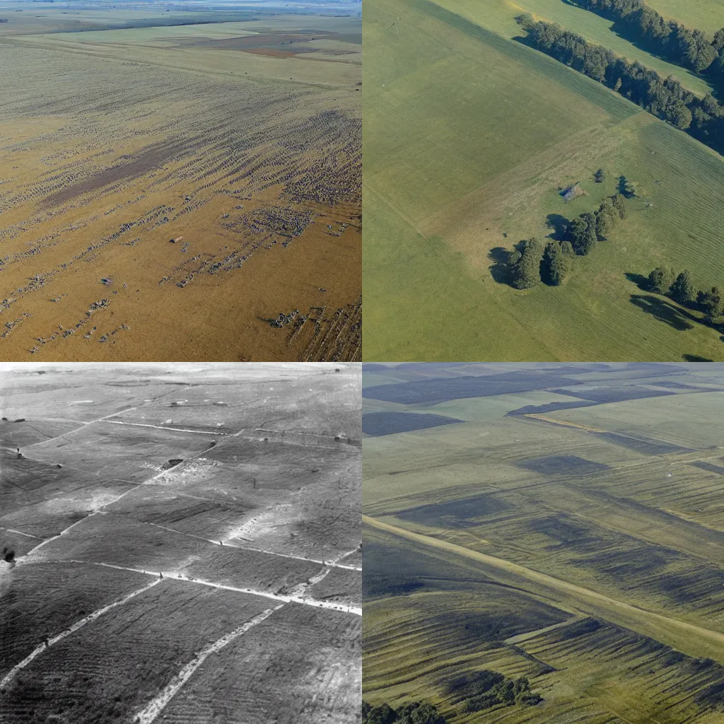 Prompt: aerial view of World War 1 battlefield