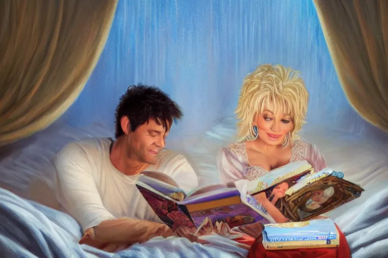 Image similar to portrait of dolly parton reading a bedtime story to jim carrey in bed, an oil painting by ross tran and thomas kincade