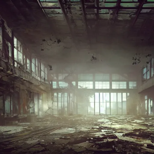 Image similar to fallout 5, indoors dilapidated partially ruined factory interior, rusted machinery, atmospheric lighting, painted, intricate, volumetric lighting, beautiful, daytime, sunny weather, slight overcast, golden hour, sharp focus, deep colours, ultra detailed, by leesha hannigan, ross tran, thierry doizon, kai carpenter, ignacio fernandez rios