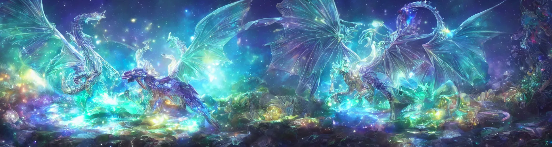 Prompt: a crystal dragon 🐉 , psychedelic, whimsical, 4k, beautiful, a crystal and flower, reflective pool, surrounded by gems, underneath the stars, rainbow fireflies, trending on patreon, deviantart, twitter, artstation, volumetric lighting, heavy contrast, art style of Greg Rutkowski and Miho Hirano and Ross Tran