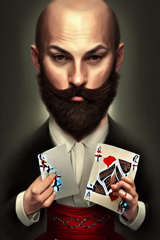 Image similar to neck bearded round face with no moustache, magician holding playing cards, realistic, modern, magicians eyes are covered with cloth, intricate, elegant, highly detailed, digital painting, artstation, concept art, addiction, chains, smooth, sharp focus, illustration, art by ilja repin