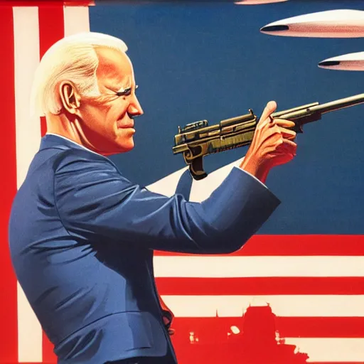 Image similar to propaganda poster of joe biden pointing gun directly at camera in james bond movie, closeup of gun, visible barrel and grip by j. c. leyendecker, bosch, lisa frank, jon mcnaughton, and beksinski