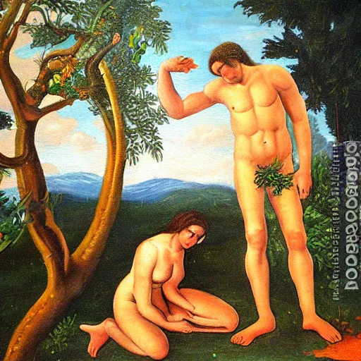 Image similar to adam and eve in the garden of eden, oil painting