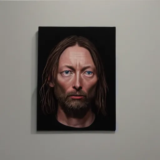 Prompt: Thom Yorke (lead singer of Radiohead) portrayed as Jesus. Hyperrealistic oil painting of Radiohead\'s Thom Yorke mixed with Jesus Christ. Detailed oil painting, Renaissance aesthetic