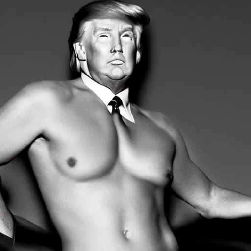 Image similar to hyper realistic photo of donald trump as a playboy model, proportional body