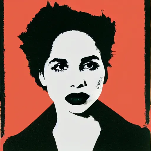 Prompt: screenprint solarized portrait of zoe kravitz by andy warhol