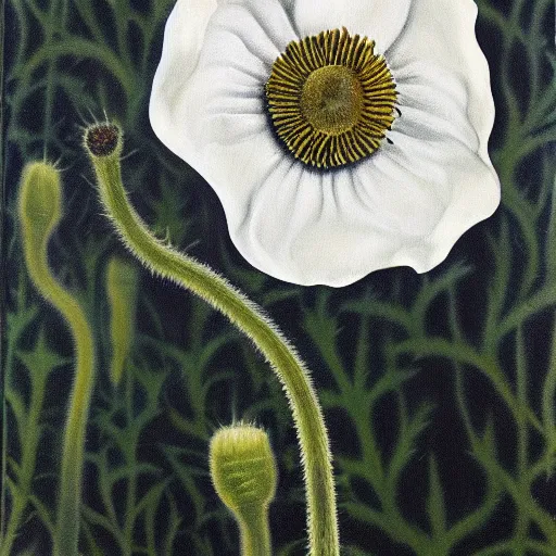 Prompt: painting of white poppy thistle, oil on canvas, georgia o'keeffe, 1 9 6 4, museum catalog photograph