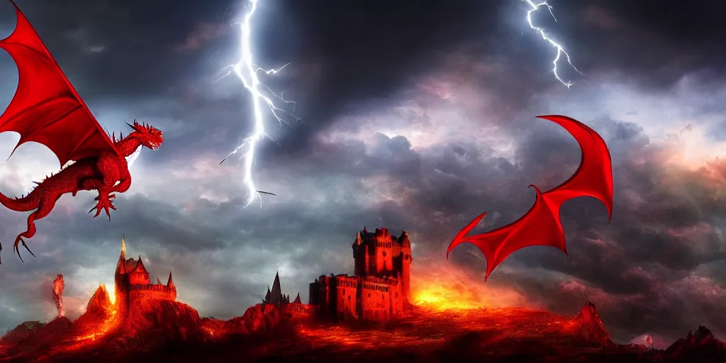 Prompt: A huge red dragon swoops past an imposing medieval castle, fire, dark fantasy, stormy sky, volumetric lightning, digital art