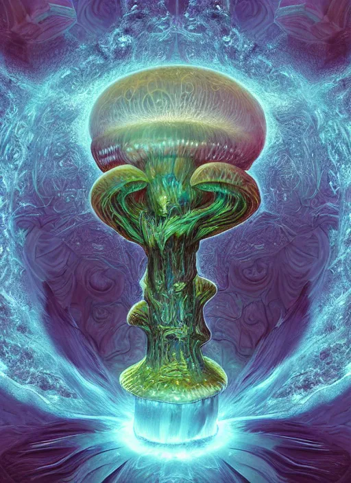 Image similar to enormous mushroom deity of the stars resides inside void manifold, mycelium forms quantum foam, fractal of scary dirac equations, portrait by ross tran, timeline nexus, ascending universes, a dnd illustration of esoteric concept by cgsociety and james gurney, artstation, hdr, rtx, iridescent wise mushroom deity