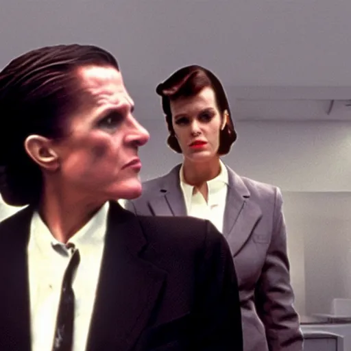 Image similar to film still, Ayn Rand riding John Galt in American Psycho