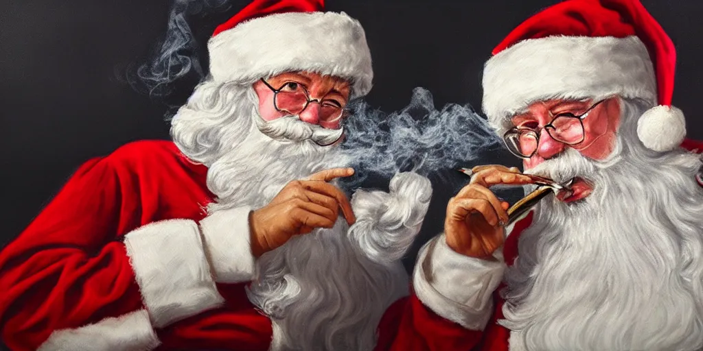 Prompt: Santa smoking a joint, cinematic lighting, detailed oil painting, hyperrealistic, 8k