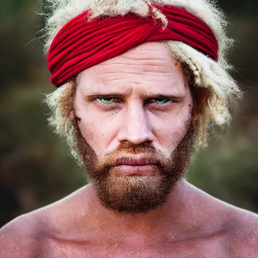 Prompt: outdoors photo portrait of an rugged albino african pirate with a red headband, young adult, thin blonde mustache, afro blonde hair, stern face, rugged and dirty, cinematic lighting at sundawn in a shore, movie color grading