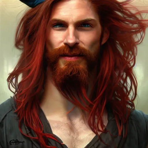 Image similar to portrait of a young ruggedly handsome but joyful pirate, male, masculine, upper body, red crimson hair, long long long flowing hair, fantasy, proud smirk, intricate, elegant, highly detailed, digital painting, artstation, concept art, matte, sharp focus, illustration, art by artgerm and greg rutkowski and alphonse mucha