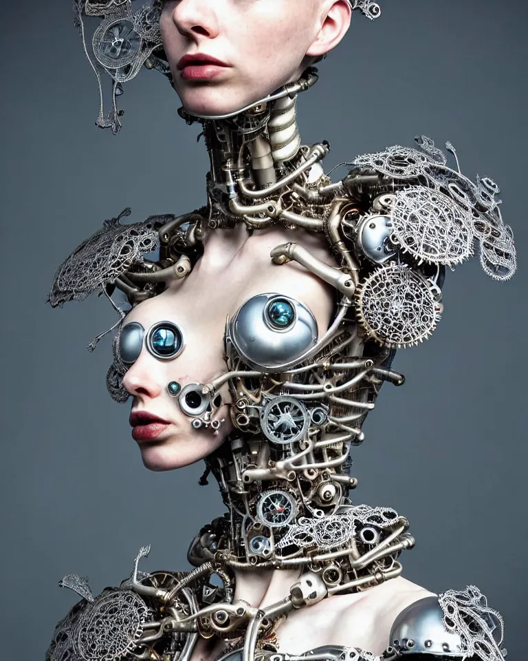 Prompt: highly detailed full body photo of a complex bio-mechanical beautiful young female cyborg with a steampunk metal fine lace face, retrofuturistic depressing hopeless horrific vibe, full shot, full body, pale skin, curled silver metallic hair and a fine metal floral foliage lace collar by Alexander McQueen:: high fashion, haute couture, rococo, steampunk, fine silver filigree details, anatomical, facial muscles, cable wires, microchip, elegant, hyper realistic, 150 mm lens, soft rim light, octane render, unreal engine, volumetric lighting, 8k, muted reflective metallic coloring, sharp focus